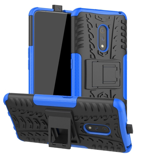 For OPPO Realme X Tire Texture TPU + PC Shockproof Case with Holder(Blue)