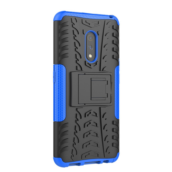 For OPPO Realme X Tire Texture TPU + PC Shockproof Case with Holder(Blue)