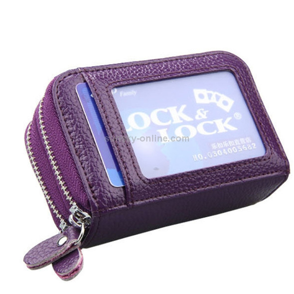 Genuine Cowhide Leather Dual Layer Solid Color Zipper Card Holder Wallet Coin Purse Card Bag Protect Case with Card Slots & Coin Position, Size: 10.5*7.0*4.0cm(Purple)