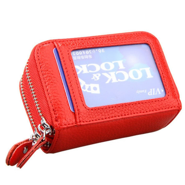 Genuine Cowhide Leather Dual Layer Solid Color Zipper Card Holder Wallet Coin Purse Card Bag Protect Case with Card Slots & Coin Position, Size: 10.5*7.0*4.0cm(Red)