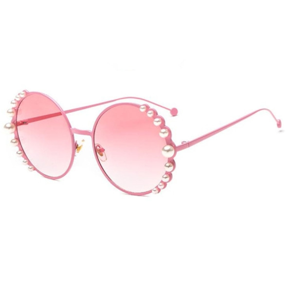 Women Sunglasses Metal Round Frame Pearl Embellished Sunglasses(Pink Frame Pink Lens)