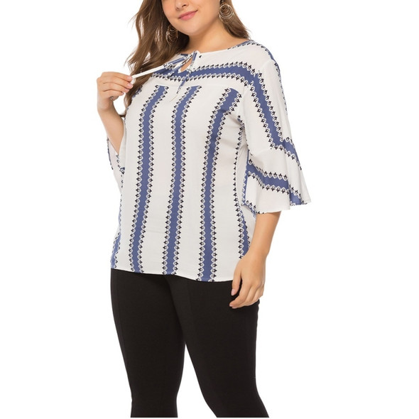 Large Size Women Lace-up Sleeves Top (Color:Blue Size:XXL)