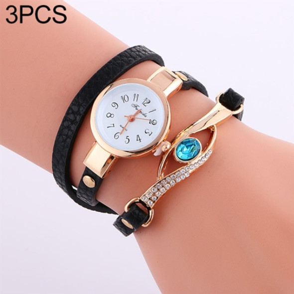 3 PCS Eye Shape Gemstone Bracelet Watch for Women(Black)