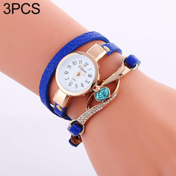 3 PCS Eye Shape Gemstone Bracelet Watch for Women(Blue)