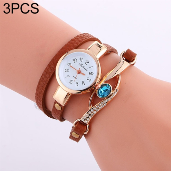 3 PCS Eye Shape Gemstone Bracelet Watch for Women(Brown)