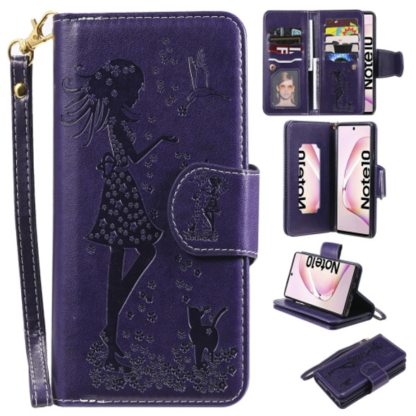 For Galaxy Note 10 Woman and Cat Embossed Horizontal Flip Leather Case, with Wallet & Holder & Card Slots & Photo Frame & Mirror & Lanyard(Purple)