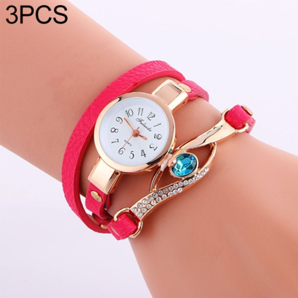 3 PCS Eye Shape Gemstone Bracelet Watch for Women(Rose red)