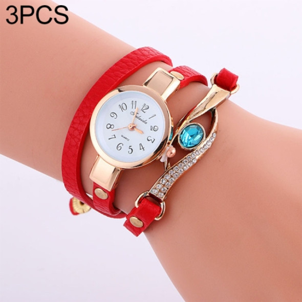 3 PCS Eye Shape Gemstone Bracelet Watch for Women(Red)