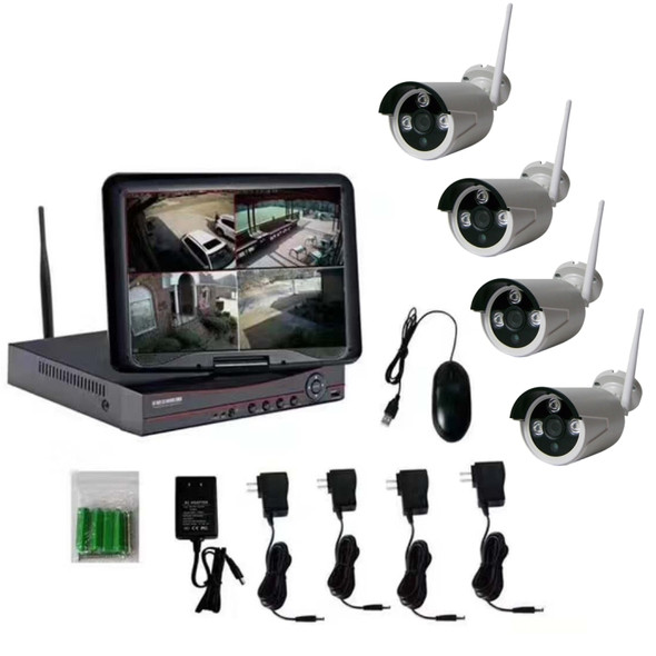 K9104E-PE2013C 4CH HD 960P 1.3 Mega Pixel 2.4GHz WiFi IP Bullet Camera 10.1 inch LCD Screen NVR Kit