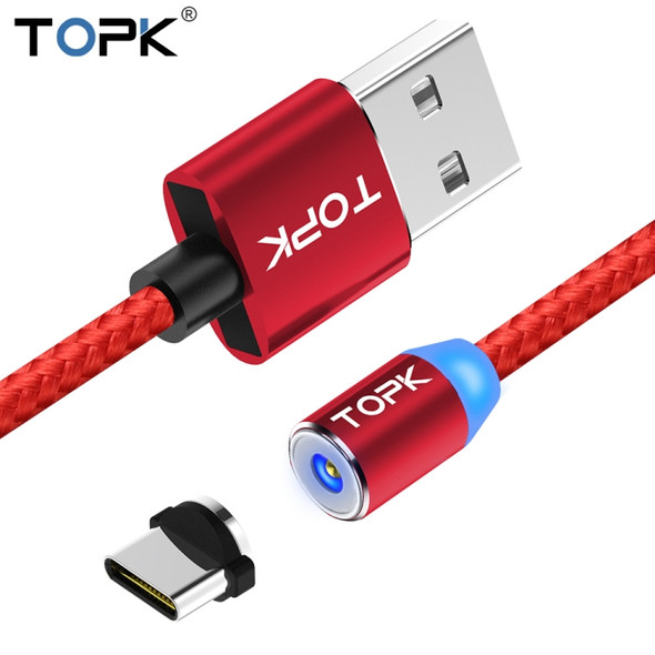 TOPK 1m 2.4A Max USB to USB-C / Type-C Nylon Braided Magnetic Charging Cable with LED Indicator(Red)