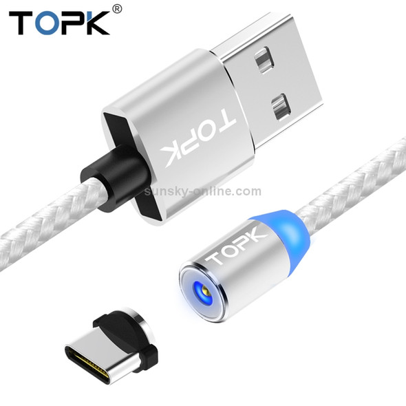 TOPK 2m 2.4A Max USB to USB-C / Type-C Nylon Braided Magnetic Charging Cable with LED Indicator(Silver)