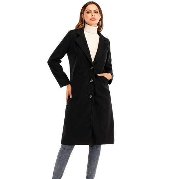 Women Solid Color Long Sleeve Woolen Coat (Color:Black Size:XXL)