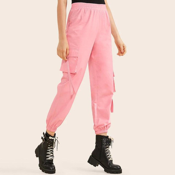 Elastic Waist Flap Pockets Side Webbing Cargo Pants (Color:Pink Size:L)
