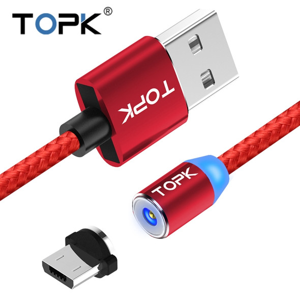 TOPK 1m 2.4A Max USB to Micro USB Nylon Braided Magnetic Charging Cable with LED Indicator(Red)
