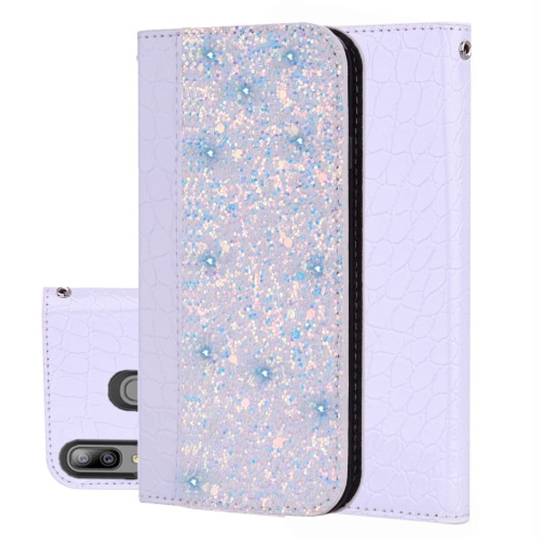 Crocodile Texture Glitter Powder Horizontal Flip Leather Case for Galaxy A20E, with Card Slots & Holder (White)