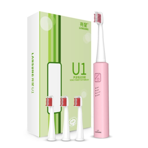 Lansung Rechargeable Sonic Electric Toothbrush Ultrasonic Whitening Teeth Vibrator with 4 Brush Heads(Pink)