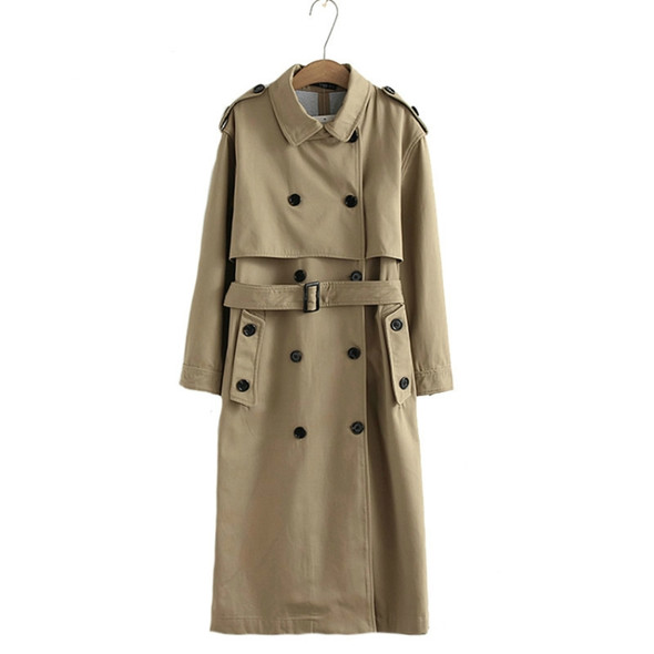 Women Casual Solid Color Double Breasted Outwear Sashes Coat Chic Epaulet Design Long Trench, Size:L(khaki)