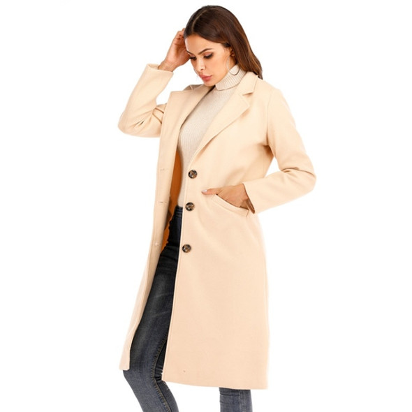 Women Solid Color Long Sleeve Woolen Coat (Color:Beige Size:M)