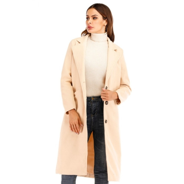 Women Solid Color Long Sleeve Woolen Coat (Color:Beige Size:M)