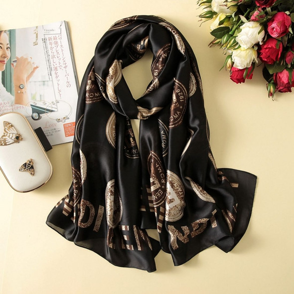 Women Flowers Elegant Imitated Silk Fabric Black Copper Pattern Shawl Sunscreen Beach Scarf, Size: 90*180cm