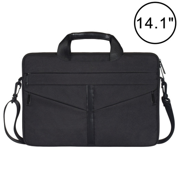 14.1 inch Breathable Wear-resistant Fashion Business Shoulder Handheld Zipper Laptop Bag with Shoulder Strap (Black)