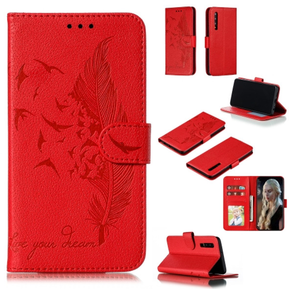 Feather Pattern Litchi Texture Horizontal Flip Leather Case with Wallet & Holder & Card Slots For Huawei P30(Red)