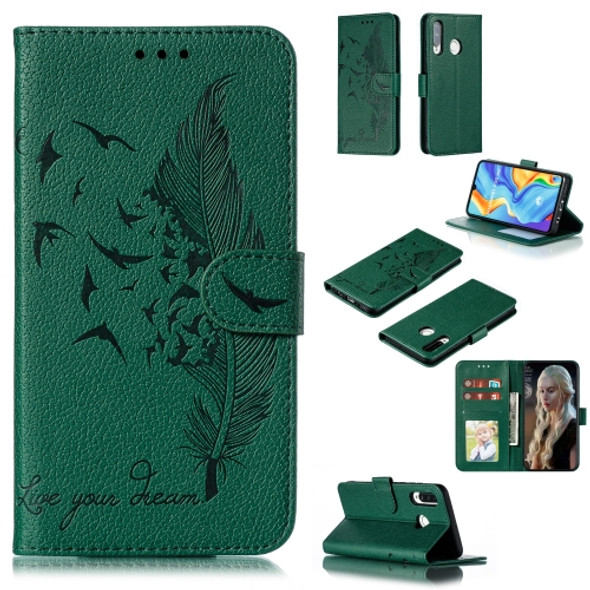 Feather Pattern Litchi Texture Horizontal Flip Leather Case with Wallet & Holder & Card Slots For Huawei P30 Lite(Green)
