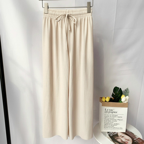 Ice Silk Knit Pants Fall Wide Leg Pants Female High Waist Loose Casual Pants High Waist Nine Points, Size:  One Size(Apricot)