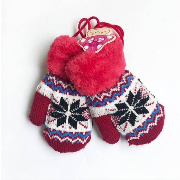 Winter Children Snowflake Pattern Plus Velvet Thick Warm Knitted Wool Mittens, One Pair(Red)