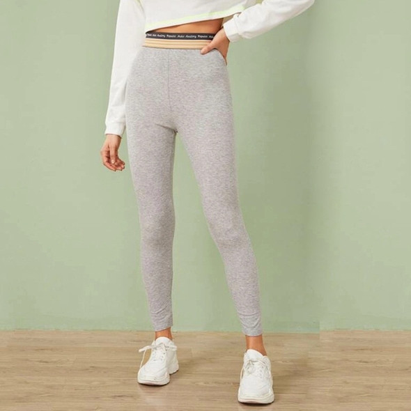 Striped Belt Tight Ribbed Cotton Sports Yoga Leggings (Color:Grey Size:L)