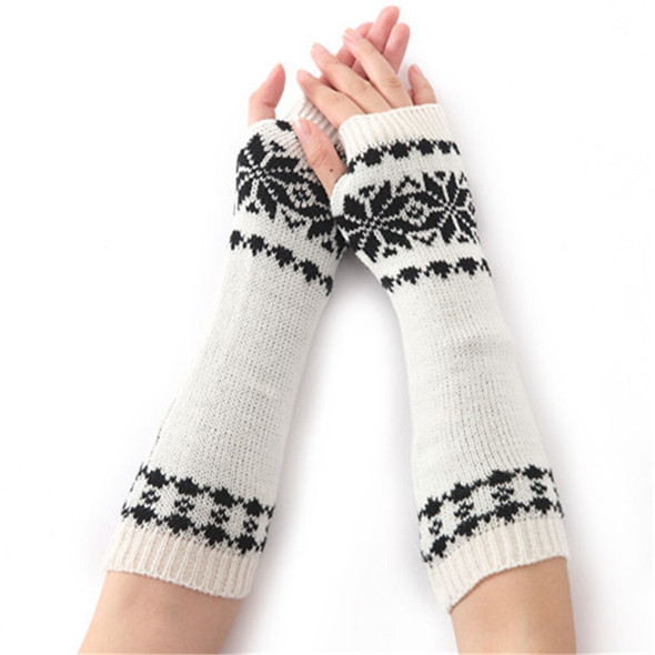 Unisex Universal Autumn Winter Snowflake Pattern Knitted Wool Warm Cuffs Fingerless Arm Sleeves(White)