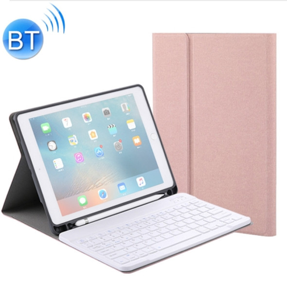 RK508 For iPad Air 2 & Air 1 / Pro 9.7 inch & 2017 iPad & 2018 iPad Silk Texture Detachable Plastic Bluetooth Keyboard Leather Cover with Stand & Pen Slot Function(Rose Gold)