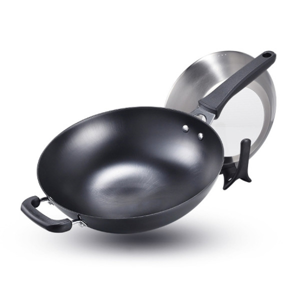 Cast Iron Pointed Round Bottom Uncoated Non-stick Concave Wok, Size:32cm(Single Pot+Lid)