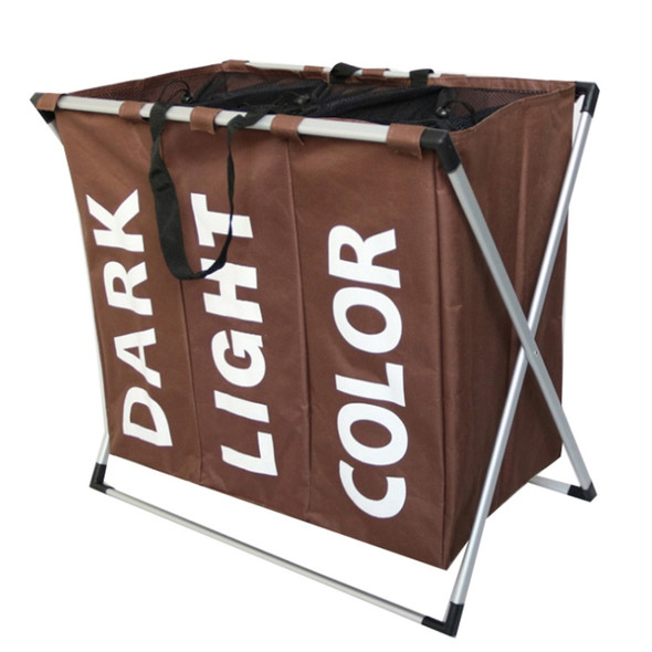 Collapsible Three Grid Dirty Clothes Laundry Hamper Organizer Home Storage Basket(Coffee)