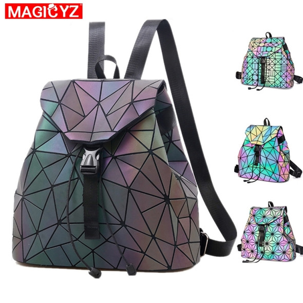 Women Laser Luminous Backpack School Hologram Geometric Fold Student School Bags, Size:36x13x32cm(Luminous hexagon)