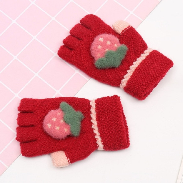 Strawberry Pattern Autumn Winter Cashmere Warm Half-finger Gloves Children Gloves, Size:One Size(Red)