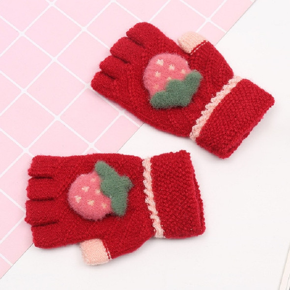 Strawberry Pattern Autumn Winter Cashmere Warm Half-finger Gloves Children Gloves, Size:One Size(Red)
