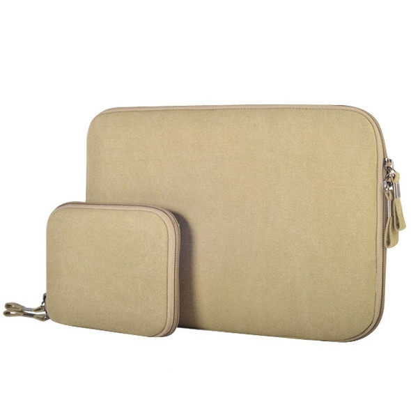 11.6 inch Denim Fashion Zipper Linen Waterproof Sleeve Case Bag for Laptop Notebook, with A Small Bag for Mouse(Khaki)