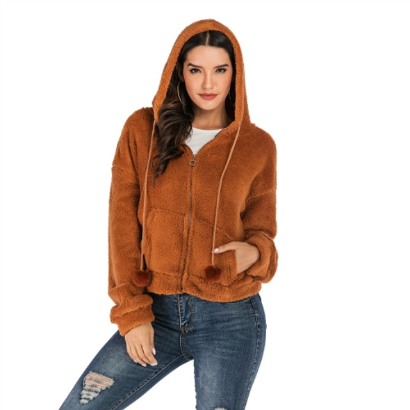 Casual Fleece Coat Solid Color Loose Hooded Woolen Coat (Color:Camel Size:L)