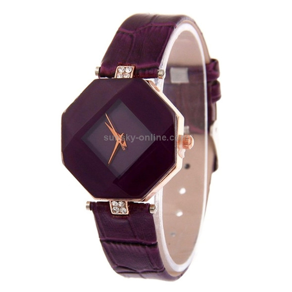 Gem Cut Geometry Crystal Leather Quartz Wristwatch Fashion Watch for Ladies(Purple)
