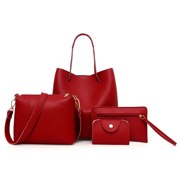 4 in1 Women Leather Handbag+Crossbody Bag+Messenger Bag+Card Package Capacity Crossbody Bag(red)