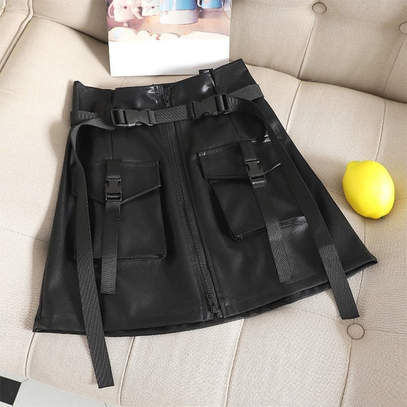 2 PCS Flower Skirt Skirt Chic PU Leather Tooling Zipper A Word Skirt with Belt, Size: S(Black)