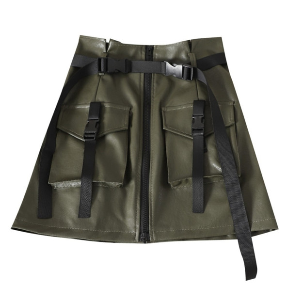 2 PCS Flower Skirt Skirt Chic PU Leather Tooling Zipper A Word Skirt with Belt, Size: S(Army Green)