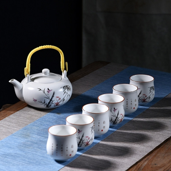 7 PCS Ceramic Kungfu Teaware Beam-lifting Teapot Teacup Set, Pattern:Bamboo Rhyme