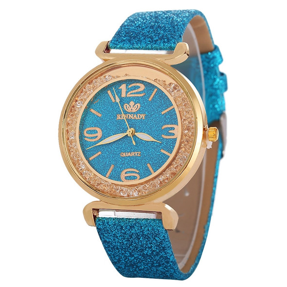 FULAIDA Women Rhinestone Gold Powder PU Leather Strap Quartz Watch(Blue)