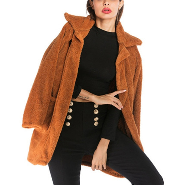 Long Section Fleece Casual Lapel Woolen Coat(Color:Camel Size:L)