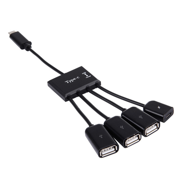 Portable 4 in 1 USB-C / Type-C to 3 Ports USB 2.0 OTG HUB Cable with Micro USB Power Supply
