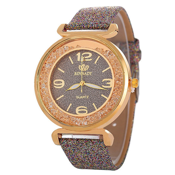 FULAIDA Women Rhinestone Gold Powder PU Leather Strap Quartz Watch(Grey)