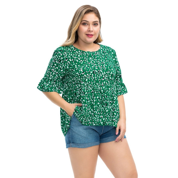 Plus Size Women Leopard Loose Chiffon Shirt (Color:Green Size:XXXXXL)