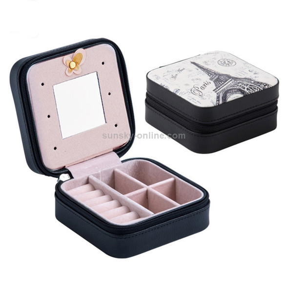 Macaron Small Jewelry Box Rings and Earrings Mirrored Travel Storage Case(Black)